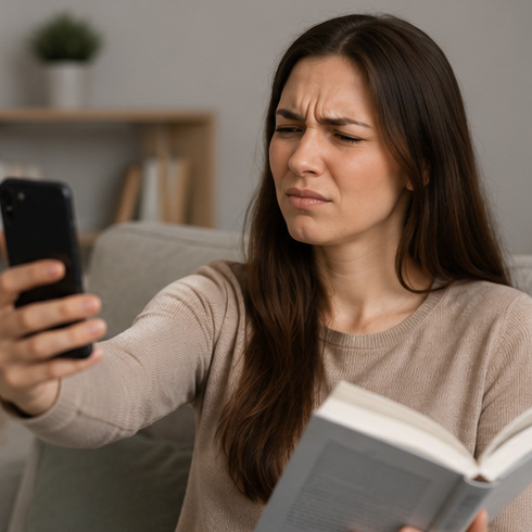 Pessoa com dificuldade para enxergar ao ler no celular