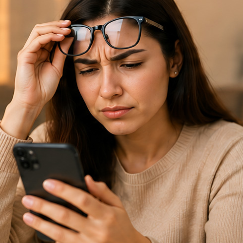 Pessoa com dificuldade para enxergar ao ler no celular
