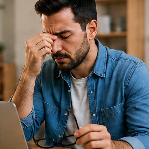 Pessoa sentindo dores de cabeça após um dia de trabalho
