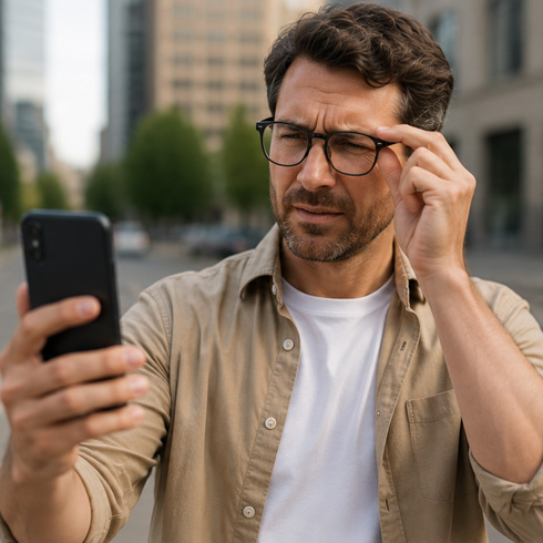 Pessoa com dificuldade para enxergar ao ler no celular